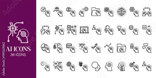 Artificial Intelligence Icon Set with AI Brain, Machine Learning, Robot, Data Network and Futuristic Technology Vector Collection