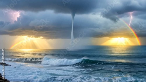 Tornadoes and Lightning Storm at Sea.