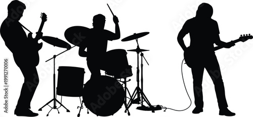 Rock band silhouettes vector illustration, musicians playing guitar and drums for live music performance design
