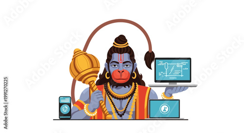 Illustration of Lord Hanuman holding modern technology devices.