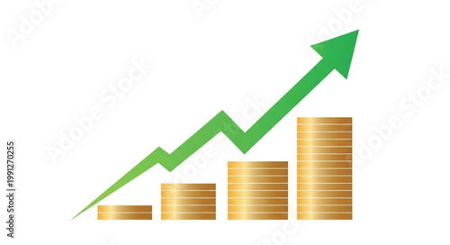 Green arrow graph showing financial growth over stacked coins.