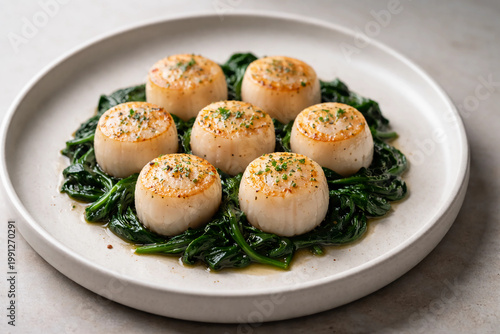 A high-end food image of plump scallops, steamed to a tender and slightly firm consistency, arranged neatly on a bed of wilted spinach.