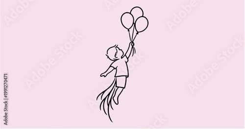 Girl Silhouette Floating with Balloons - Black Vector Illustration on White Background
