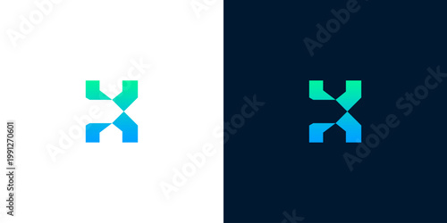 Modern abstract geometric 'X' logo design in blue and green on white and dark backgrounds