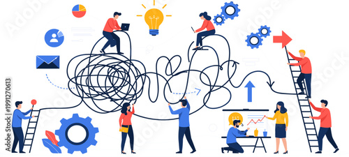 Business Process Improvement Illustration with Team Transforming Chaos into Organized Workflow Strategy Innovation and Corporate Success Vector Design