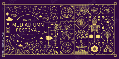 Golden line art celebrates the mid autumn festival with traditional motifs