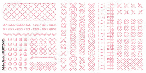 Collection of delicate pink cross stitch patterns and ornamental designs