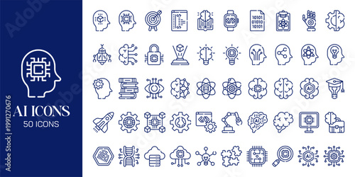 Artificial Intelligence Icon Set with AI Brain, Machine Learning, Robot, Data Network and Futuristic Technology Vector Collection