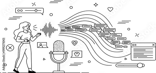 Voice Assistant Technology Illustration with Woman Speaking Microphone Audio Wave Chat Messages and Digital Communication Line Art Design