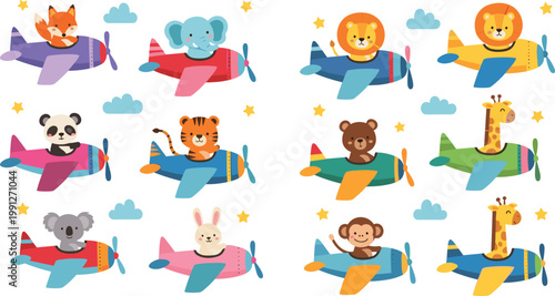Cute animals flying airplane cartoon set with lion panda tiger elephant giraffe monkey bear fox vector illustration