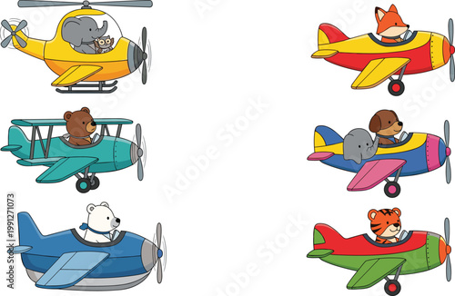 Cute animals flying airplanes cartoon set with bear fox dog elephant pilot characters vector illustration