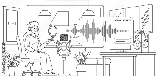 Speech to Text Technology Illustration with Woman Recording Podcast in Studio Voice Recognition Audio Transcription Workspace Line Art Design
