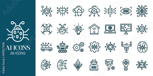 Artificial Intelligence Icon Set with AI Brain, Machine Learning, Robot, Data Network and Futuristic Technology Vector Collection