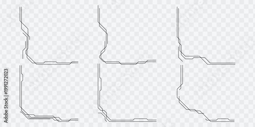 Set of technology circuit board corner lines on transparent background for frame design.