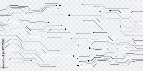 Black circuit board traces design on transparent background for technology and digital concepts.