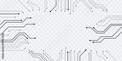 Black circuit board traces design on transparent background for technology and digital concepts.