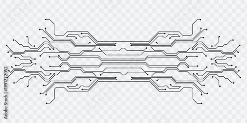 Black circuit board traces design on transparent background for technology and digital concepts.