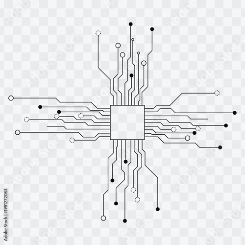 Central processor unit with circuit lines design on transparent background for technology concepts