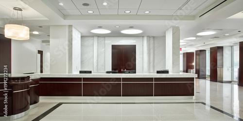 Modern luxury hotel reception desk or bank office lobby with marble walls and dark wood furniture, corporate interior design concept