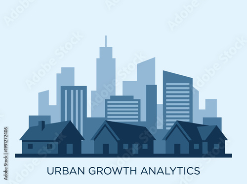 Minimal Blue Suburban Neighborhood and City Skyline Vector Illustration