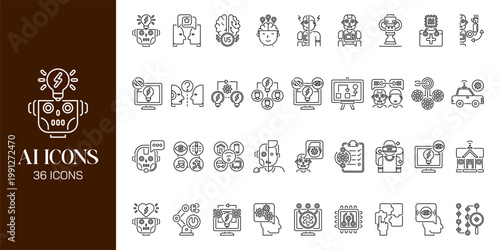 Artificial Intelligence Icon Set with AI Brain, Machine Learning, Robot, Data Network and Futuristic Technology Vector Collection