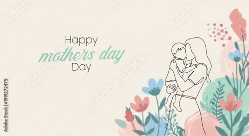 Happy mother's day floral illustration with a mother and child