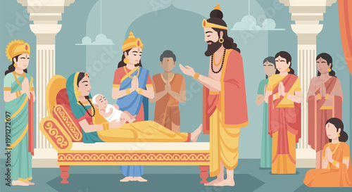 Indian royal family welcoming a newborn baby in a traditional palace setting.