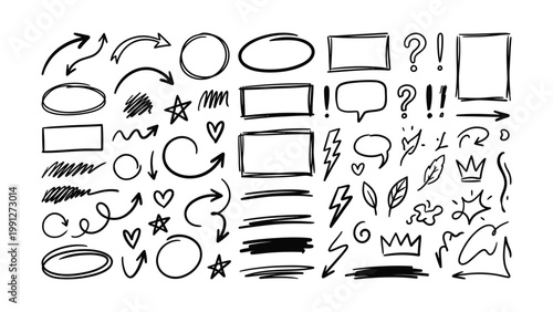 Marker line brush arrow, underline, highlight scribble set. Marker pen line brush hand drawn arrow stroke sketch element shape graphic vector. Doodle underline circle frame icons. Vector illustration
