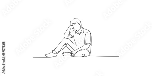 Continuous line drawing of a man sitting on the ground looking thoughtful and relaxed in a simple style