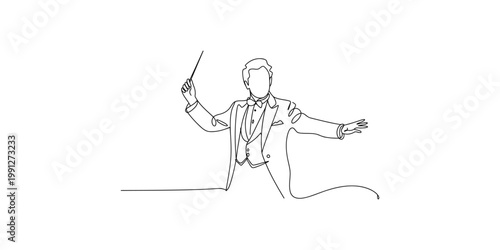 A continuous line drawing of a conductor leading an orchestra with a baton in hand on white background
