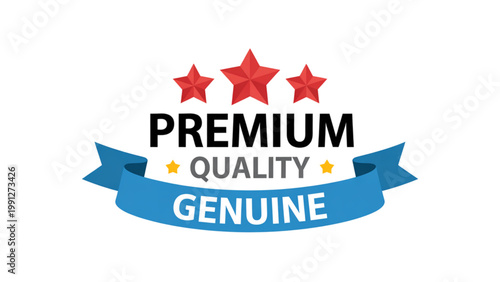 Premium quality genuine product badge with star and ribbon design Vector