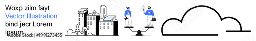 City planning, teamwork, digital transformation, cloud computing, urbanization, data storage. Buildings with two figures on a balance scale and a cloud design. City planning and teamwork