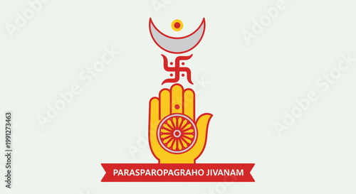 Jainism symbol hand dharma chakra swastika crescent moon.