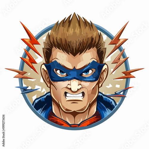 Angry Superhero Face Vector Illustration with Lightning Bolts and Comic Style