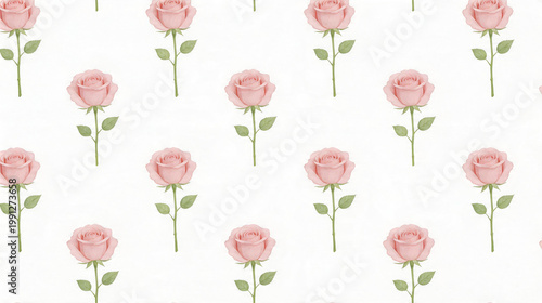 Pretty Pink Rose Ditsy Pattern with Delicate Stems, Seamless Spring Summer Floral Background on White