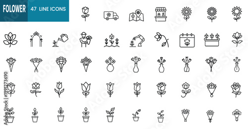 Flower web line icons set botanical bloom garden petal flora bouquet spring bud greenhouse web line icons set & more vector illustration with editable stroke