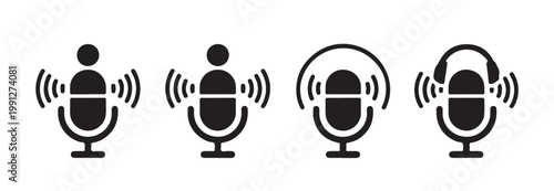 Podcast and radio broadcasting symbols showing vocal recording and sound wave transmissions.