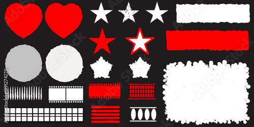 Assorted red and white shapes including hearts stars and film strips