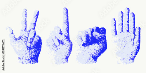 Four blue hands displaying different hand gestures on a white background