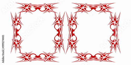 A striking red tribal frame with sharp pointed and symmetrical designs