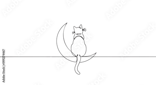 Vector illustration of a cat sitting on a line with a crescent shape