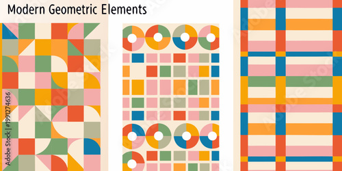 Abstract geometric patterns in pastel and vibrant color palettes