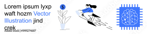 Artificial intelligence, technology innovation, financial growth, futuristic exploration, data processing, digital advancements. Features brain-themed chip, monetary plant, and a person on a rocket