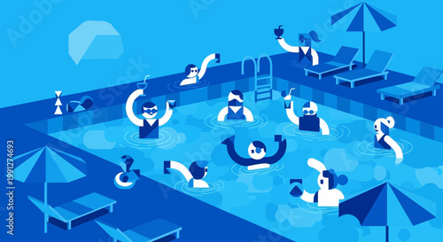 Diverse group of people enjoying a summer pool party, swimming and toasting drinks.