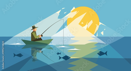 Fisherman in Boat on Calm Water with Mountain and Sun Reflection