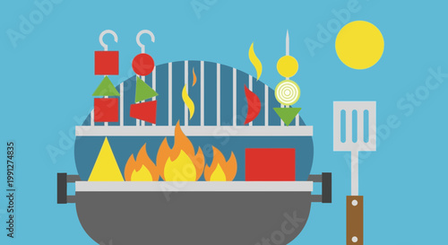 Flat Design Barbecue Grill with Skewers Cooking Outdoors on Sunny Day