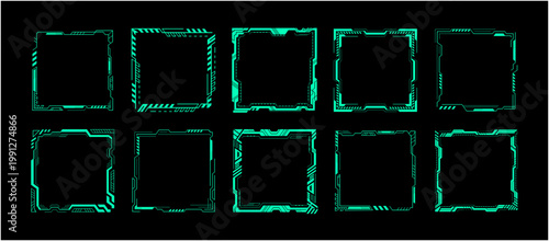 サイバー正方形フレームセット グリーン 未来的UIデジタル枠 ベクター素材 / Cyber Square Frame Set Green Futuristic UI HUD Vector
