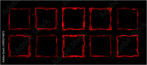 サイバー正方形フレームセット レッド 未来的UIデジタル枠 ベクター素材 / Cyber Square Frame Set Red Futuristic UI HUD Vector