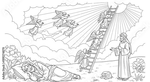 Dreaming of Heavenly Ascent Angels Ascending Ladder Divine Revelation Spiritual Journey Hopeful Future Business Growth Inspiration