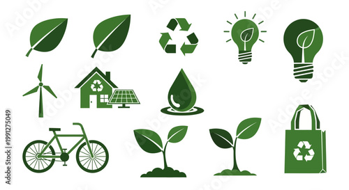 Green Eco Icons: Sustainability, Recycling, Renewable Energy, Nature, and Clean Living
